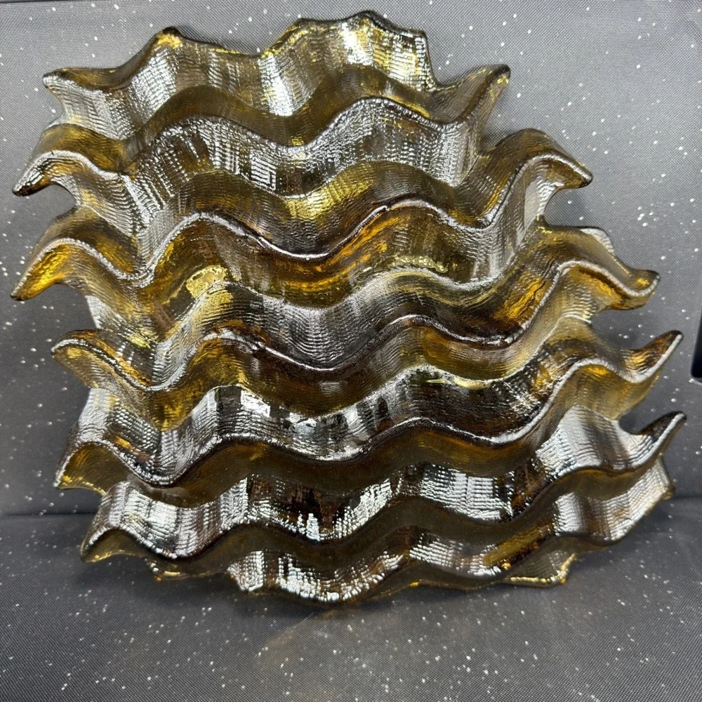 Hudson‎ Beach Amber Gold Textured Wavy Art Glass Centerpiece Bowl 13in Blown